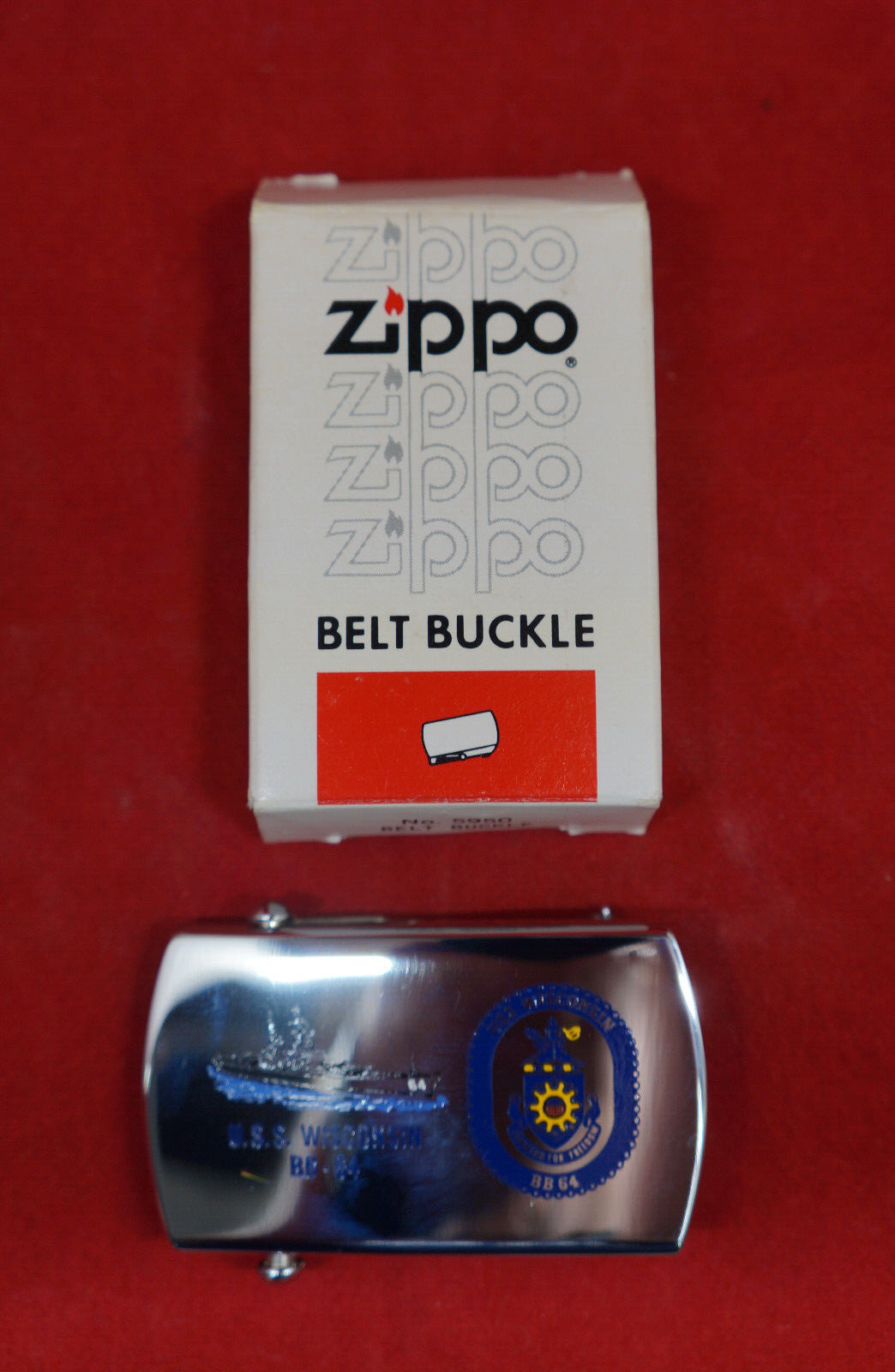 USS WISCONSIN BRASS BELT BUCKLE BY ZIPPO BRIGHT SILVER POSLISHED NEW BOXED ppd