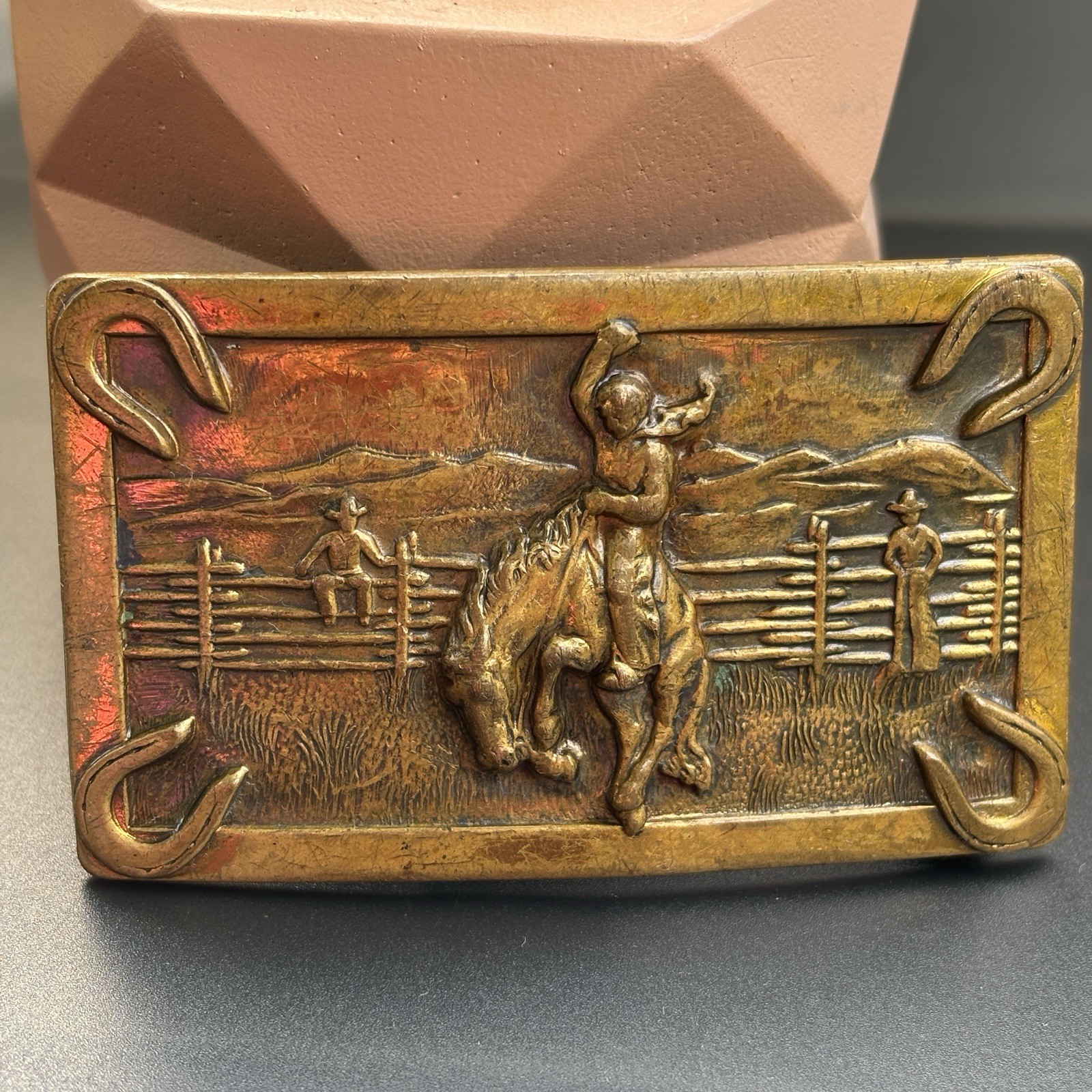 Vintage Justin Belt Bronco Horse Rider Brass Belt Buckle Cowboy Western c1950