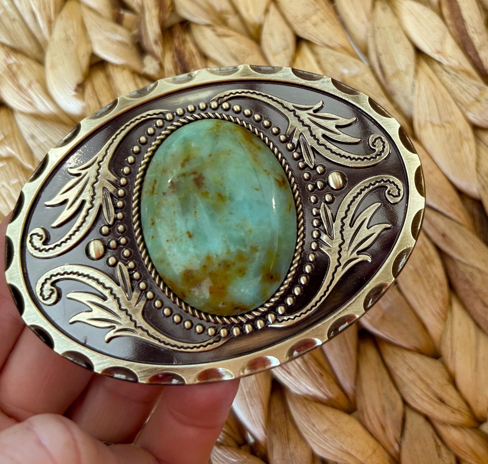 Turquoise Stone Belt Buckle Engraved Brass Western Cowboy Rodeo Style