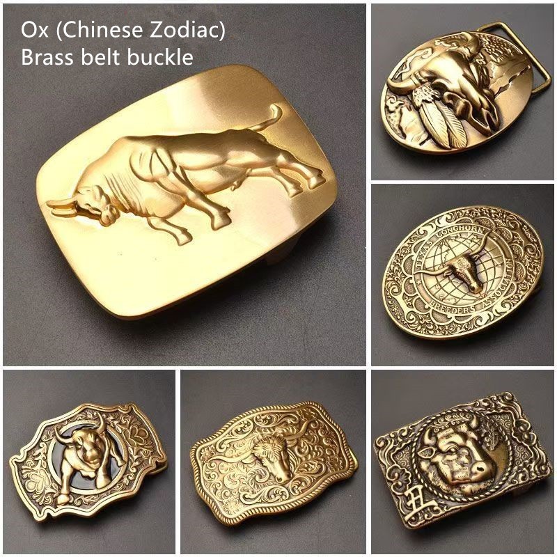 Men&rsquo;s pure brass smooth buckle belt headChinese zodiac ox belt head plate buckle