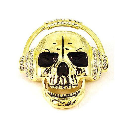 Skull Skeleton Hip Hop Music Rhinestones Headphone Biker Gold Metal Belt Buckle