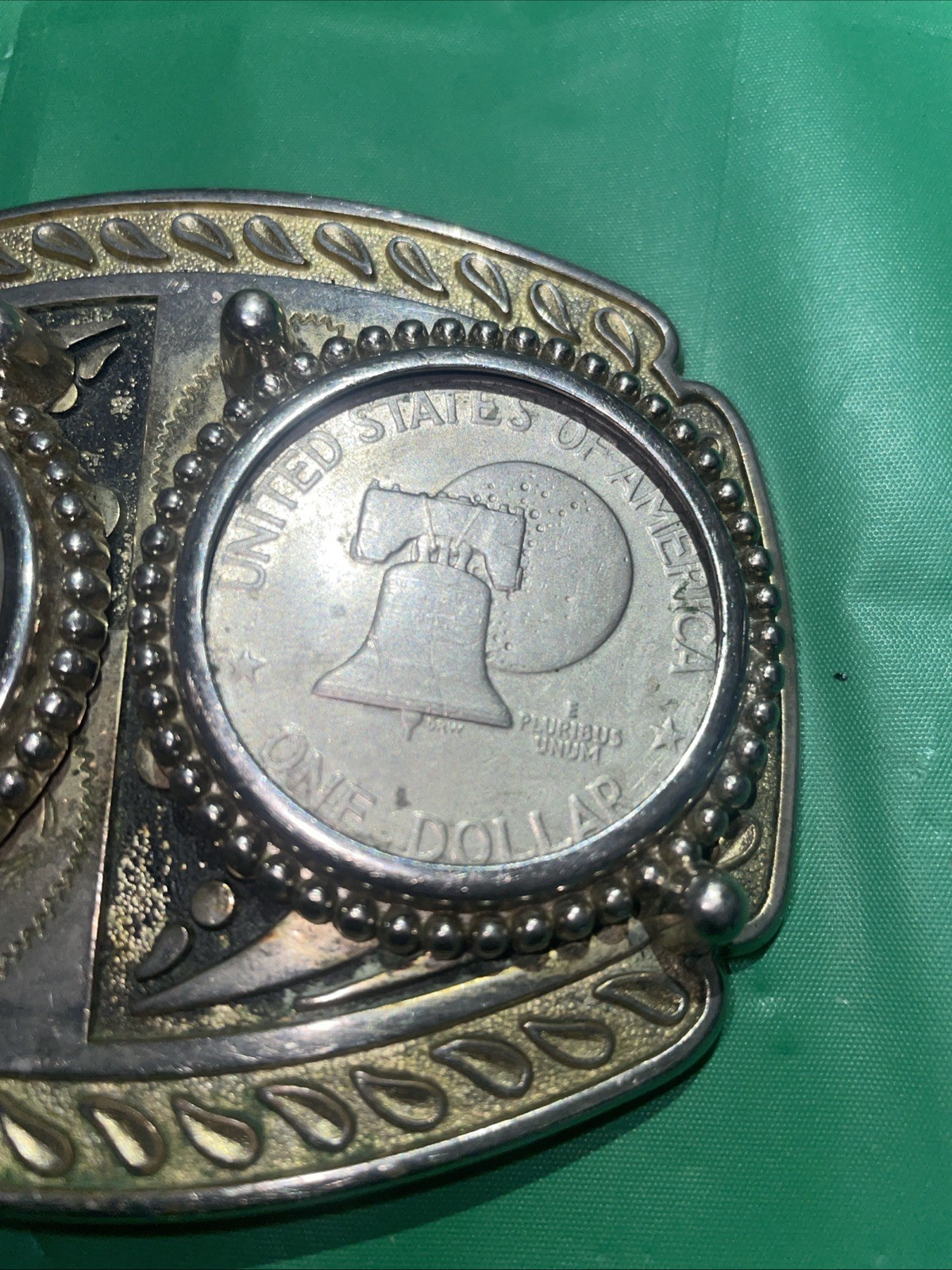 DOUBLE SILVER DOLLAR COINS BELT BUCKLE 1974