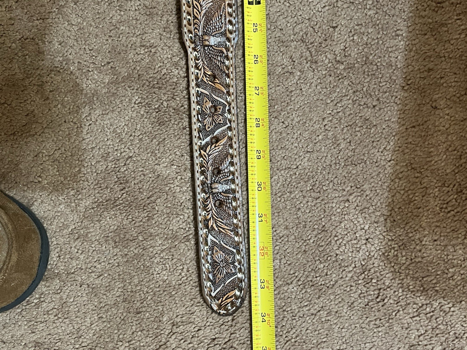 Handmade Patriotic Western Belt 30-Eagles-Brn/White-Lace-Stitches-Buckle-Leather