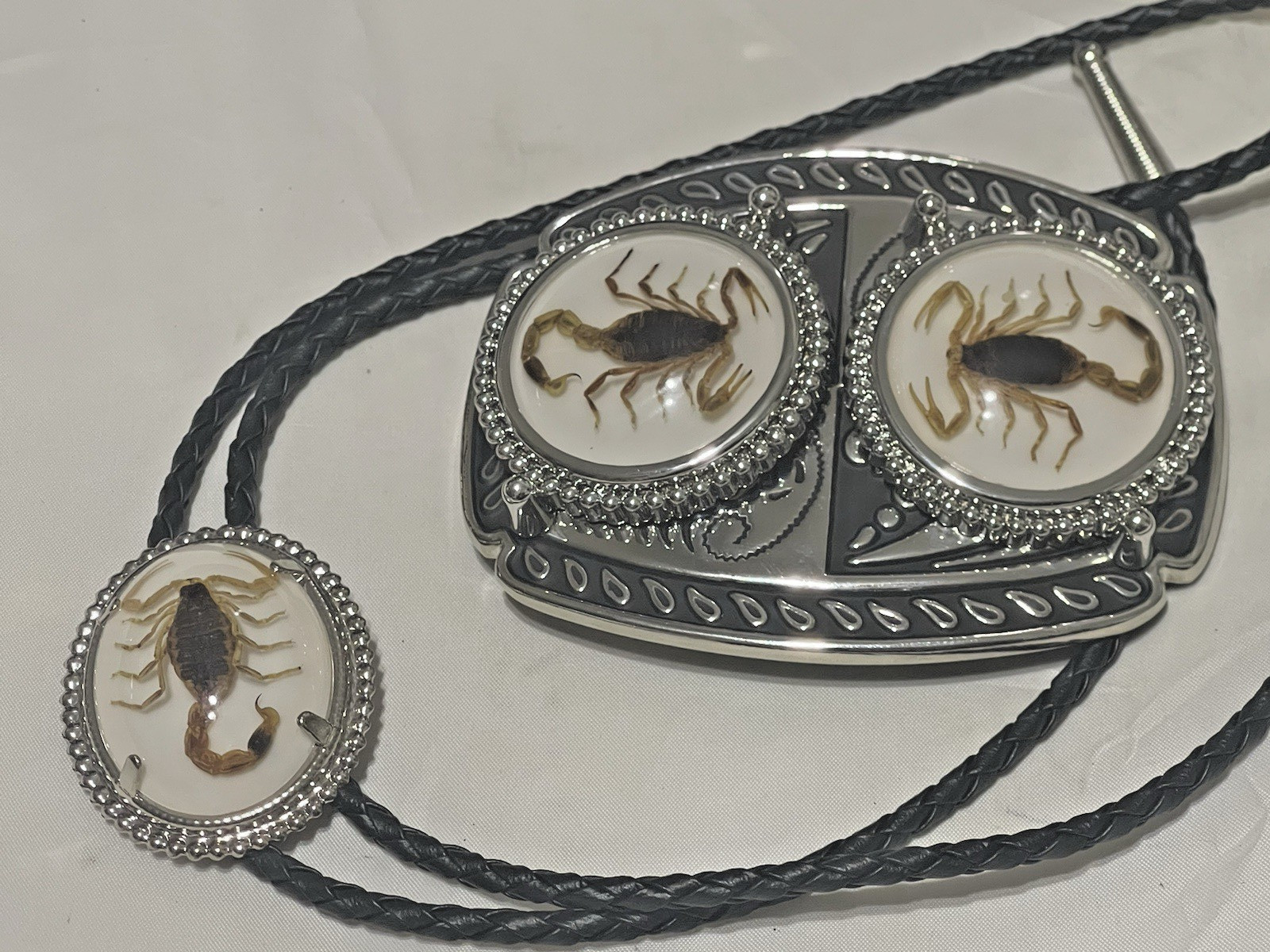 Silver tone Scorpion Belt Buckle and Bolo Set