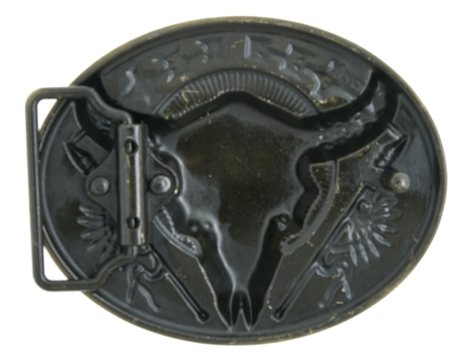 Native American Indian Buffalo Skull w/ Spears Bronze Black Enamel Belt Buckle