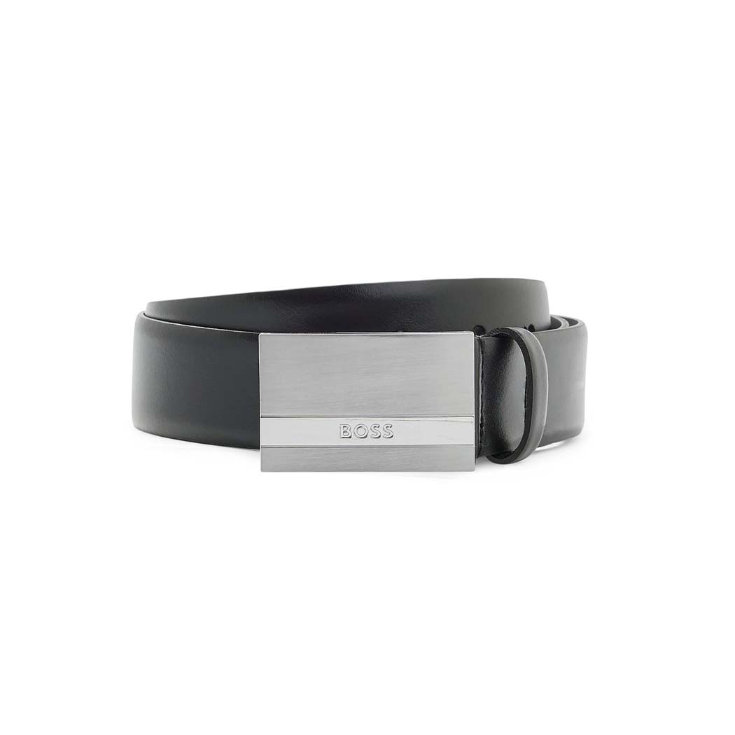 BOSS Men&rsquo;s Black Italian Leather Belt with Buckle and Logo