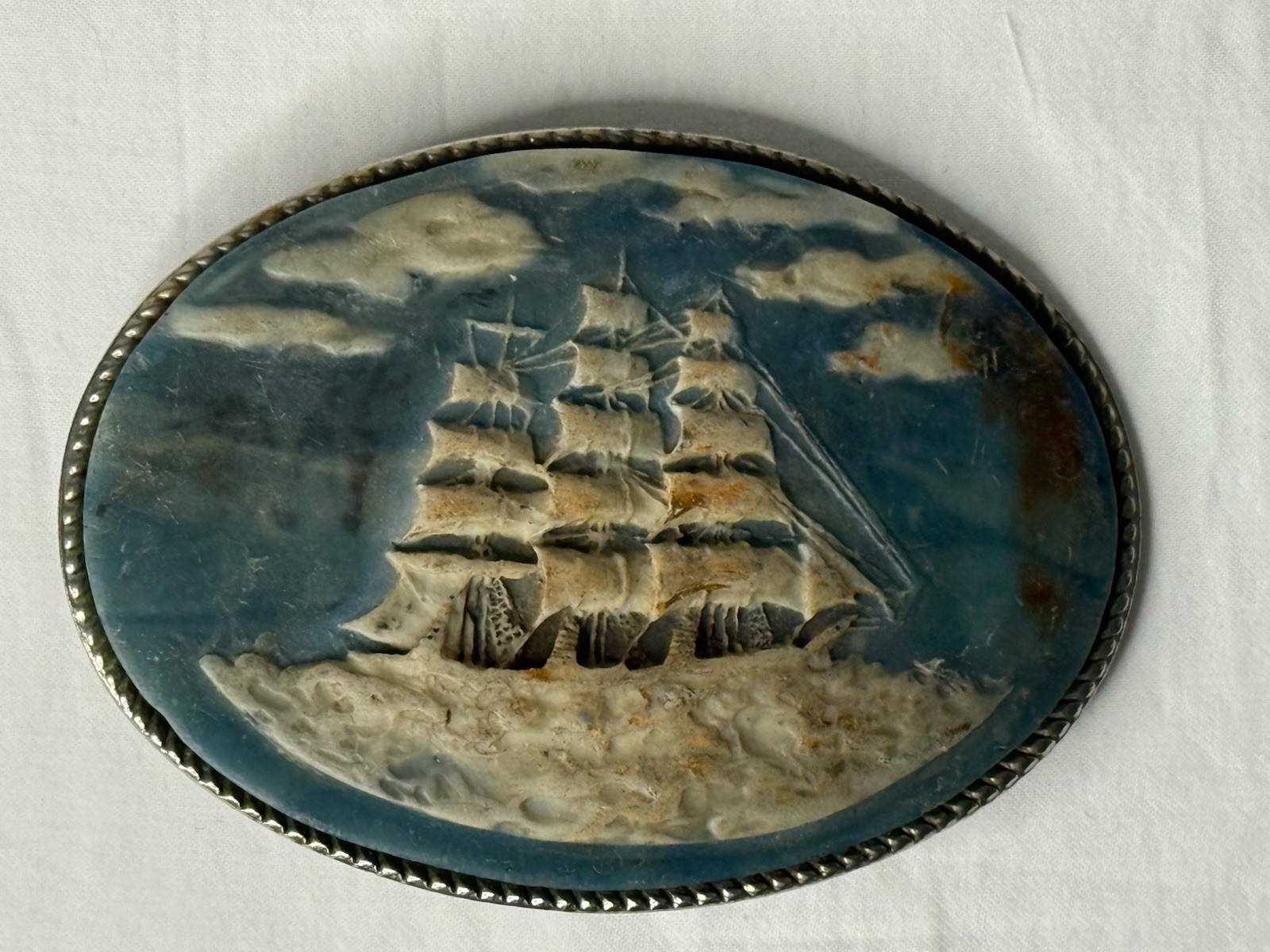 Vintage Incolay Stone SAILING SHIP Belt Buckle