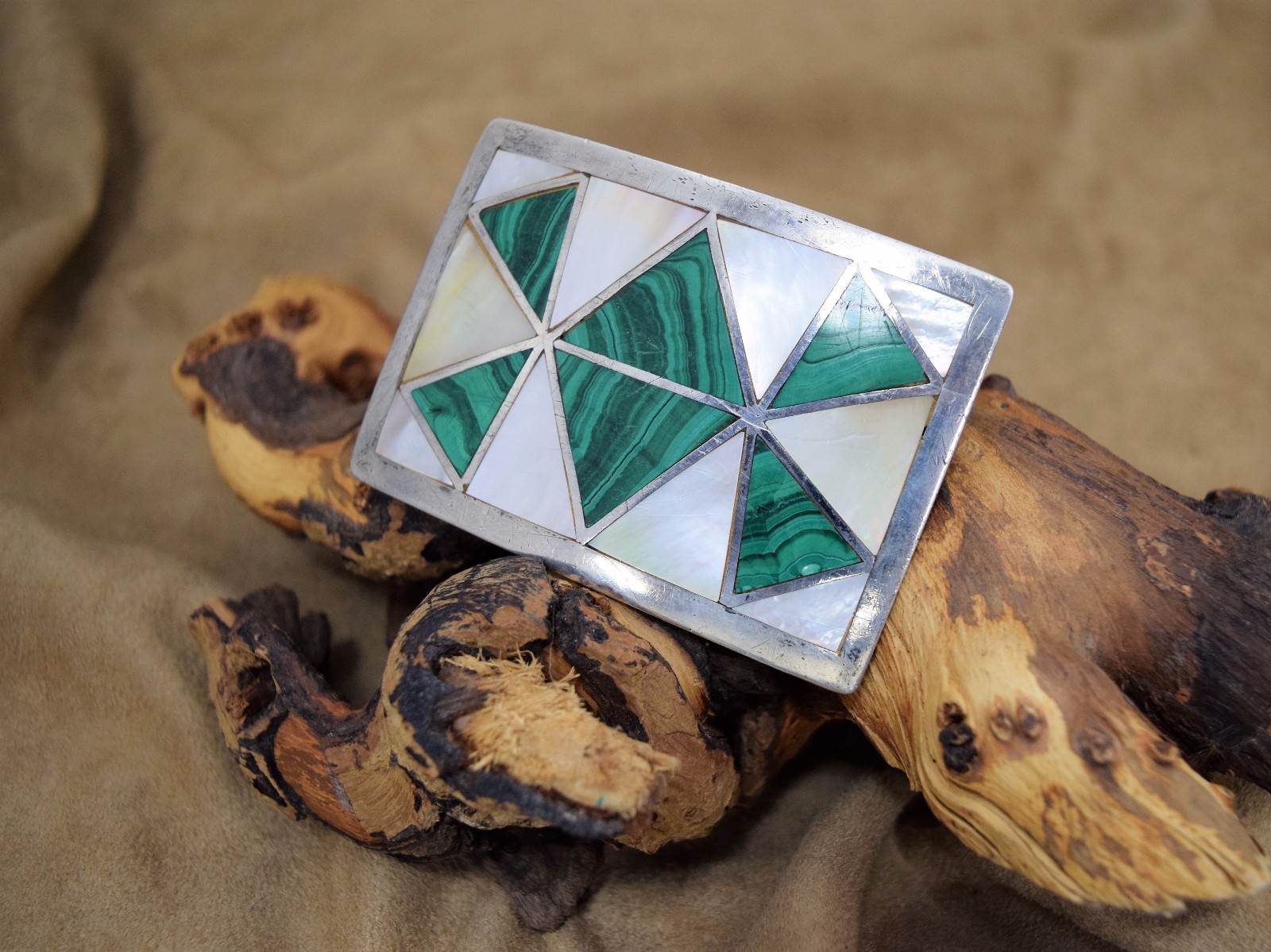 Southwestern Style Malachite Mother of Pearl Sterling Silver Belt Buckle