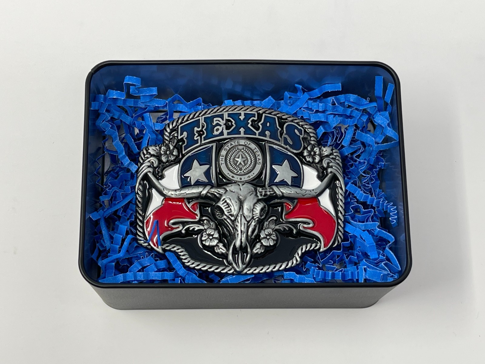 Texas Pride Belt Buckle with USA Flag Container – Western Belt Buckles for Men