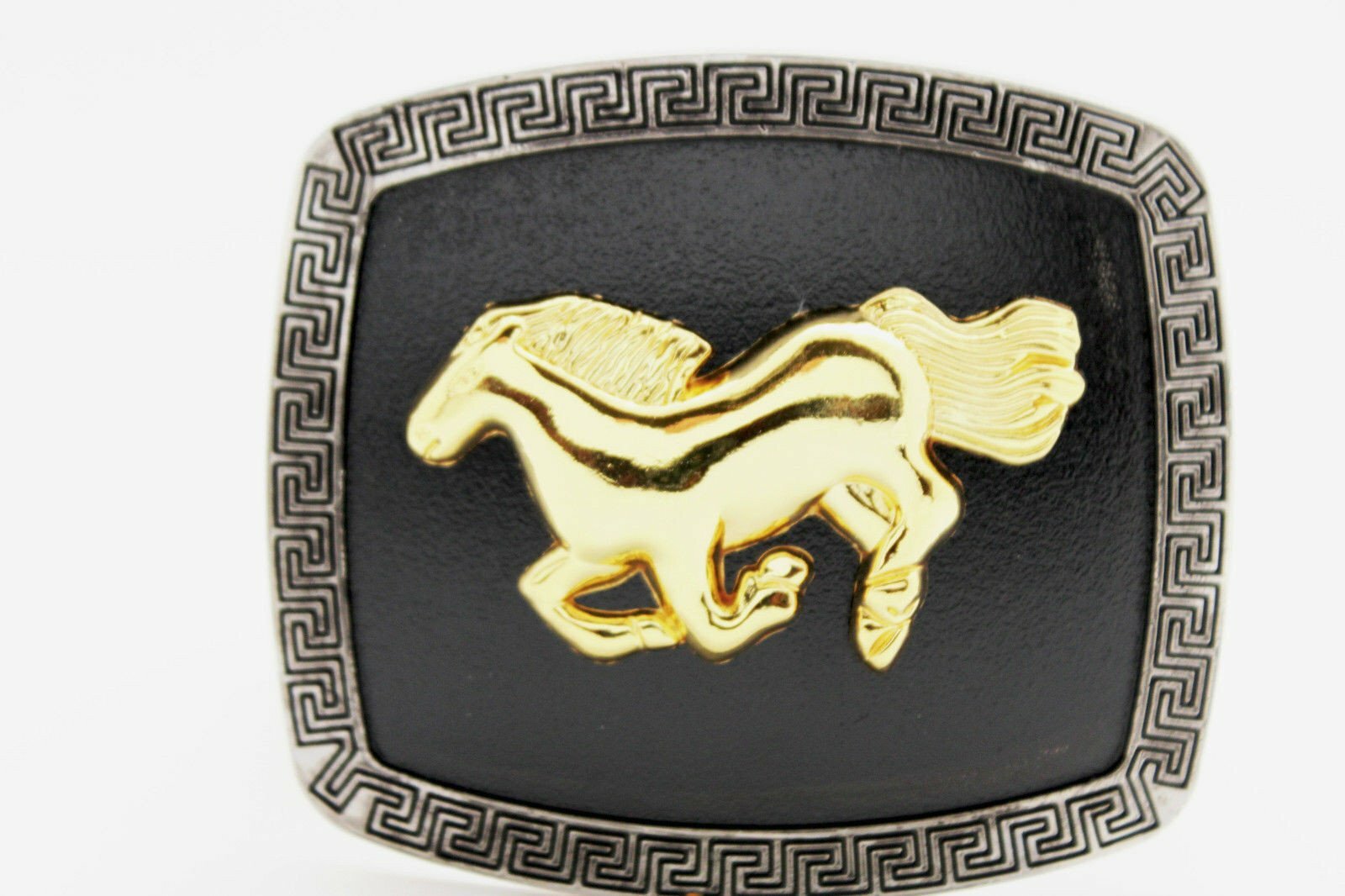 Men Women Western Belt Buckle Silver Metal Square Gold Rodeo Horse Black Fabric