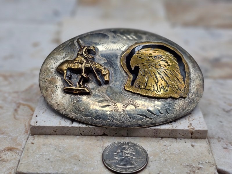 RARE! Southwest SILVER BRASS EAGLE NATIVE AMERICAN & HORSE Belt BUCKLE