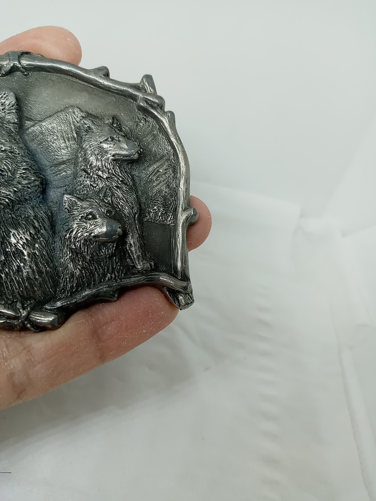 Vtg. Great American Products Pewter 3 Wolves Belt Buckle. Intricate. Heavy