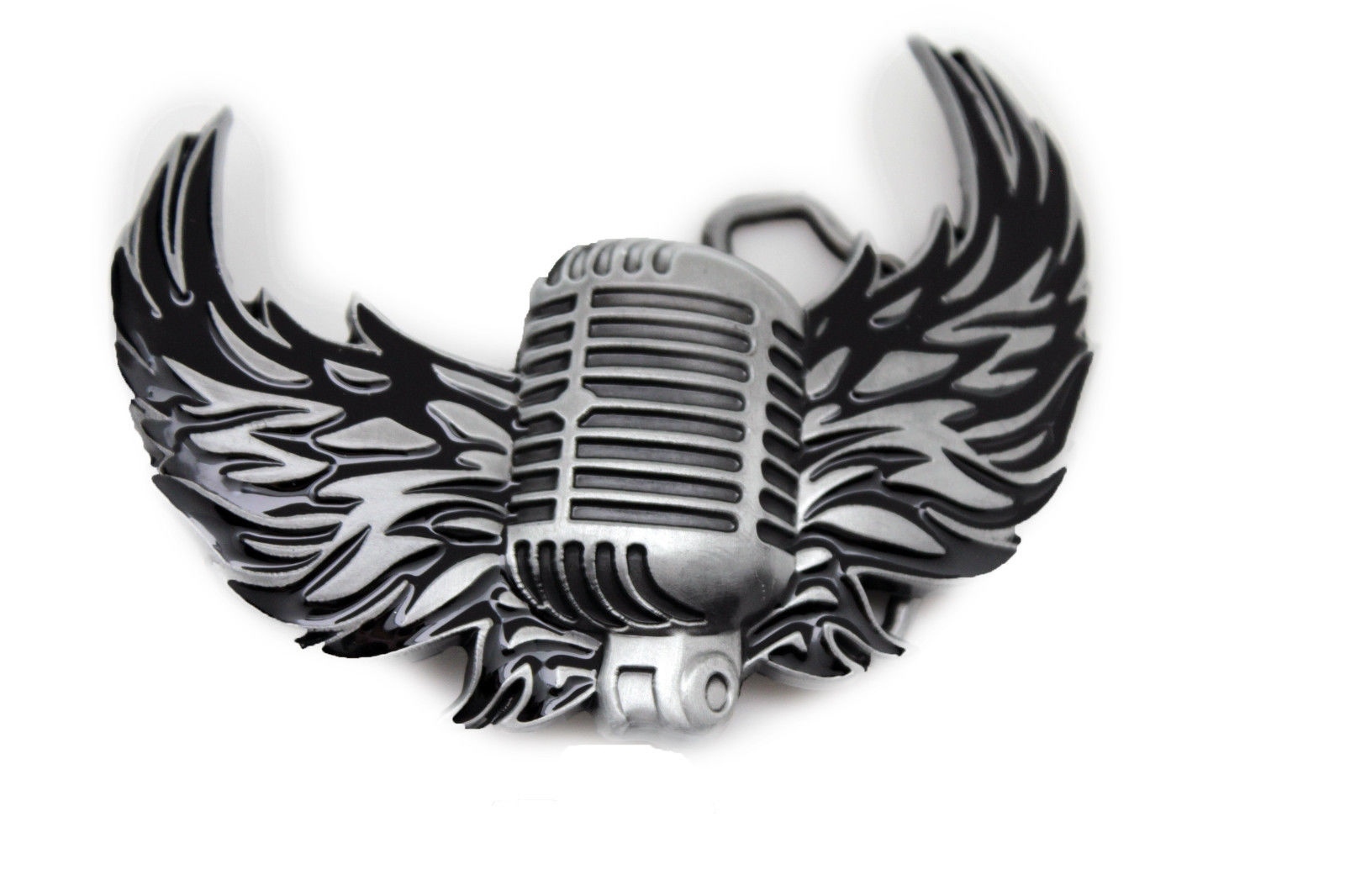 Men Women Silver Buckle Western Hip Hop Radio Music Microphone Fire Wings Rocker