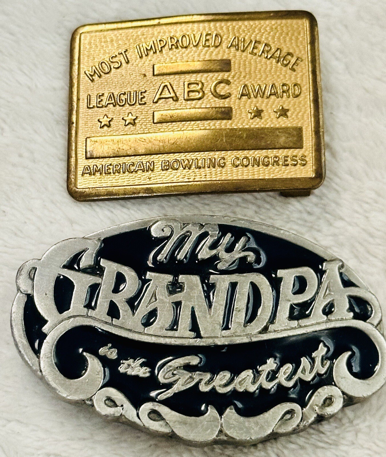 Vintage Lot 2 Men’s Belt Buckles 1990 C&J Pewter MY GRANDPA & BOWLING ABC Brass