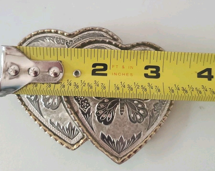 Vintage 70s DOUBLE HEARTS belt buckle W USA Butterfly Floral Golden Silver Tone