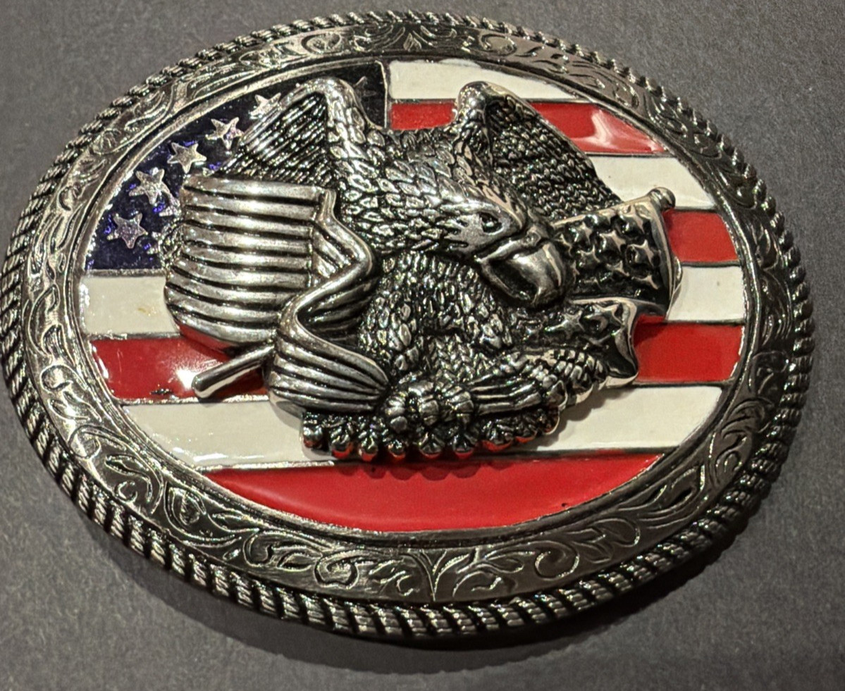 Belt Buckle American Flag Eagle Patriotic Silver Metal Red White & Blue