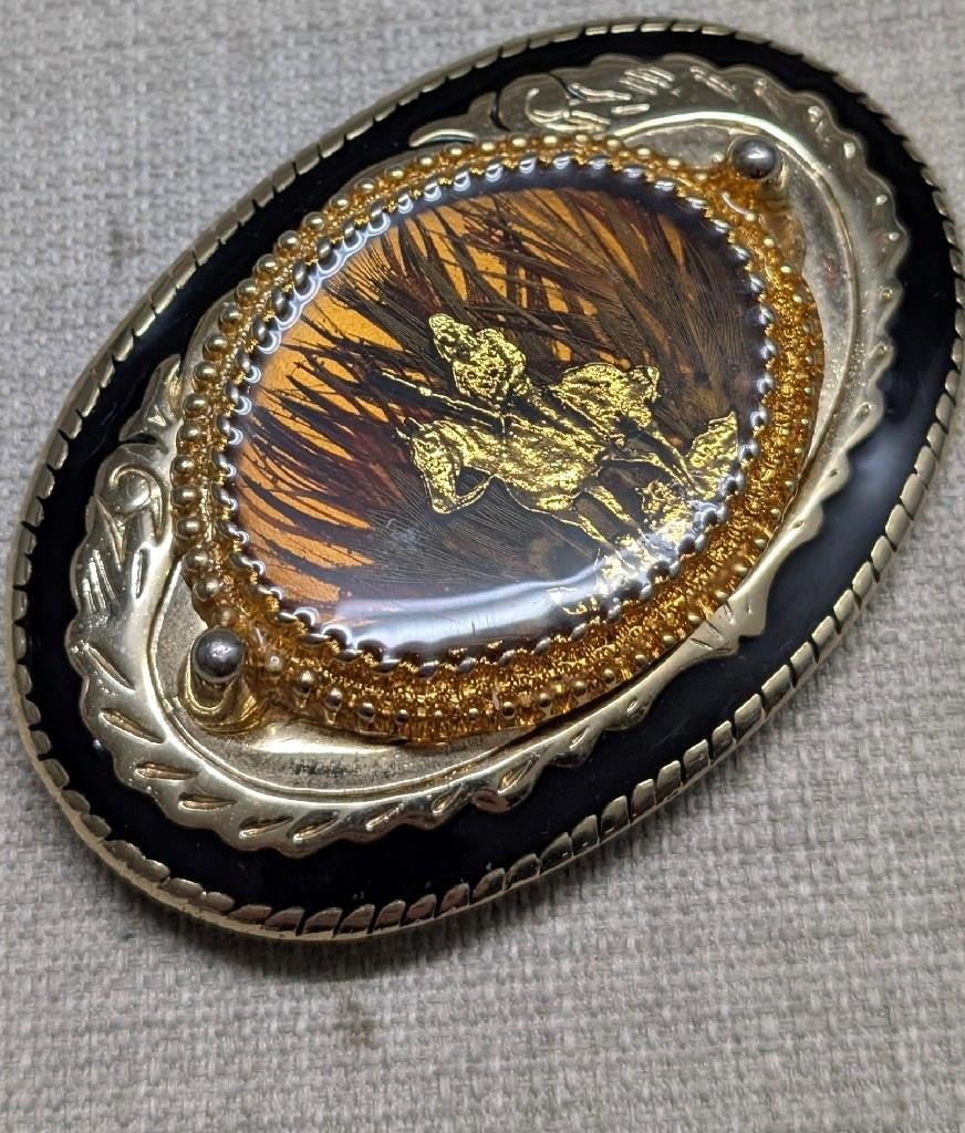 vintage GOLD FLAKE belt buckle HANDCRAFTED epoxy feather WESTERN cowboy indian