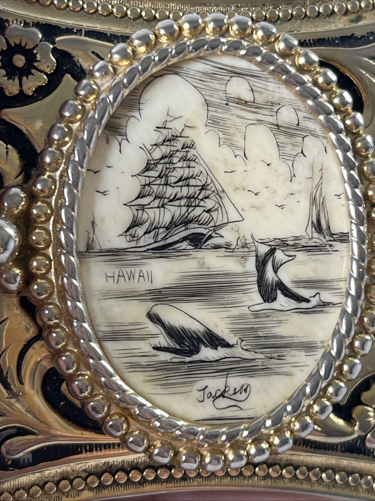 Hand Etched Belt Buckle With Clipper Ship Whales Hawaii Nautical