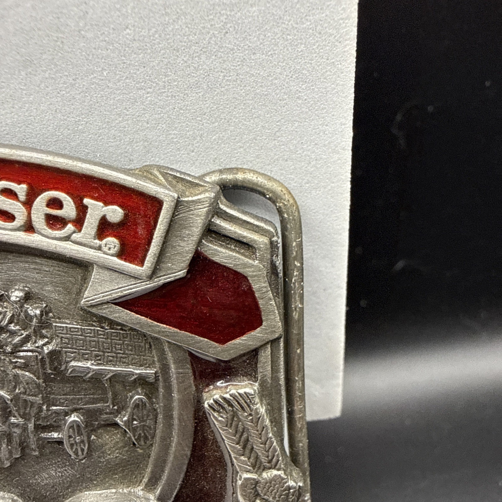 Vintage Budweiser Clydesdale King of Beers Belt Buckle red enameled pewter