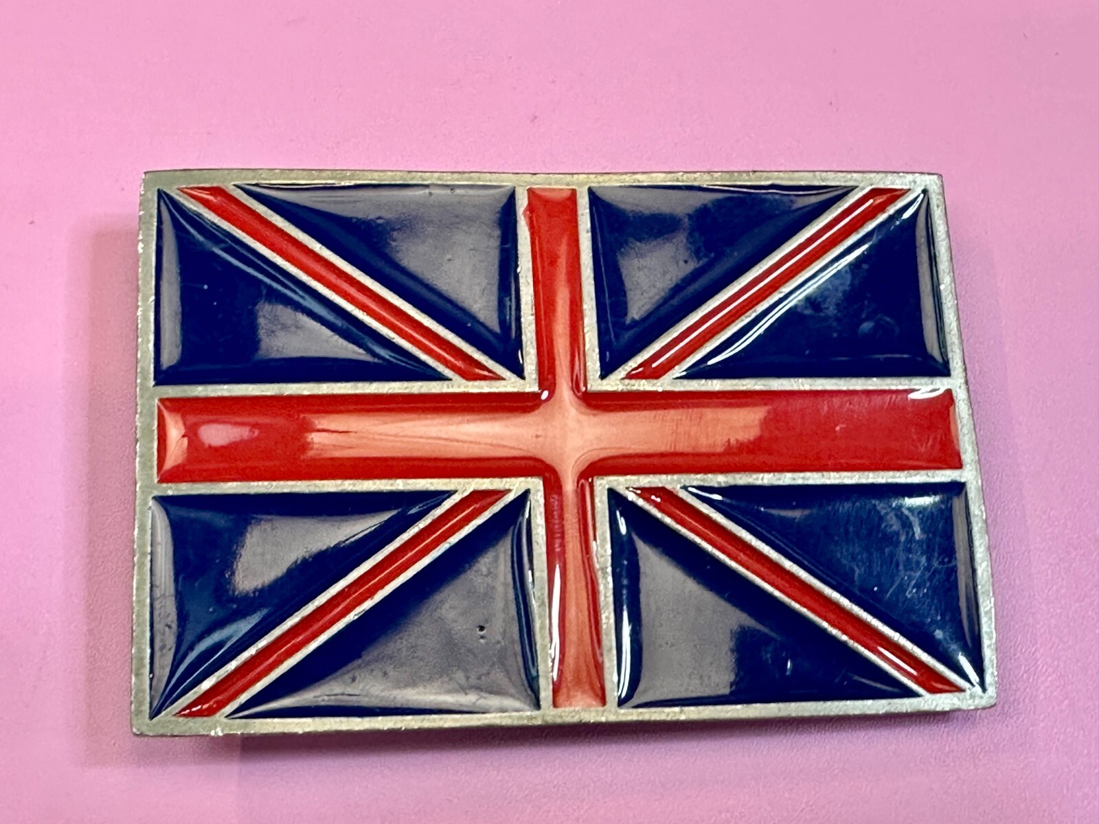 British UK Flag Union Jack Blue & Red Enameled Silver Tone MOBTOWN Belt Buckle
