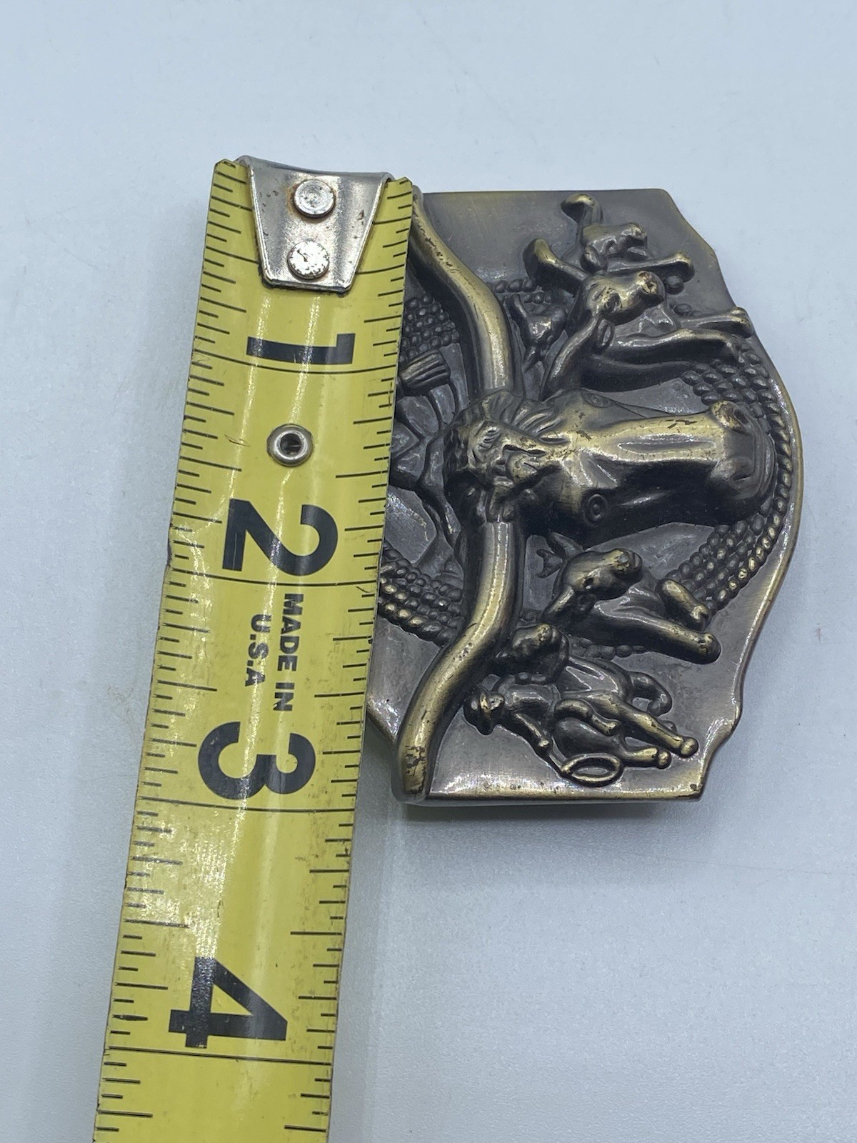 3D Texas Longhorn Bulls Rope Cattle Drive Brass Metal Belt Buckle 3 1/4 x 2 1/2&Prime;