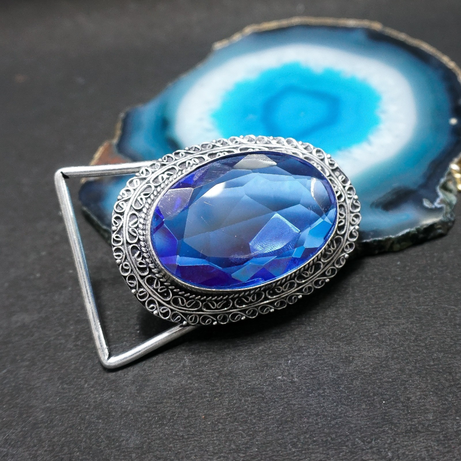 Blue Sapphire Belt Buckle Silver Plated Filigree Western Boho Statement Men