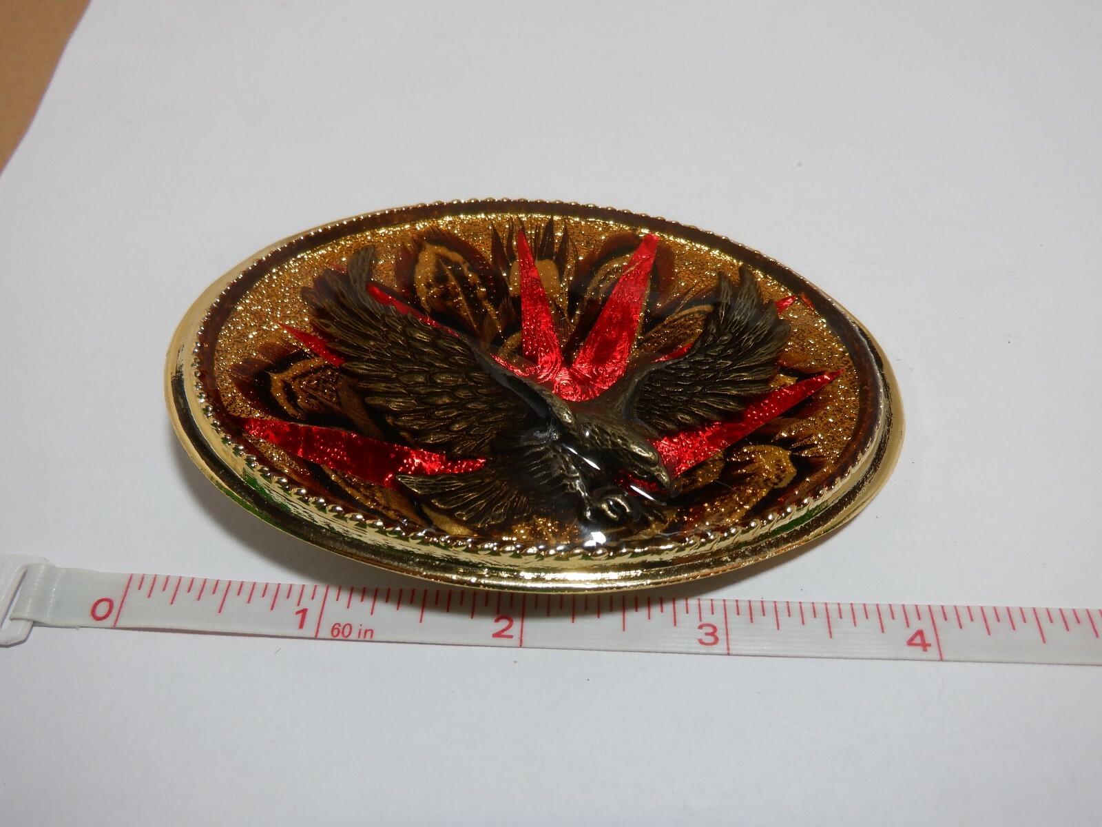 1980s EAGLE with REAL FEATHERS BELT BUCKLE MADE USA GOLD METAL RESIN VINTAGE #6