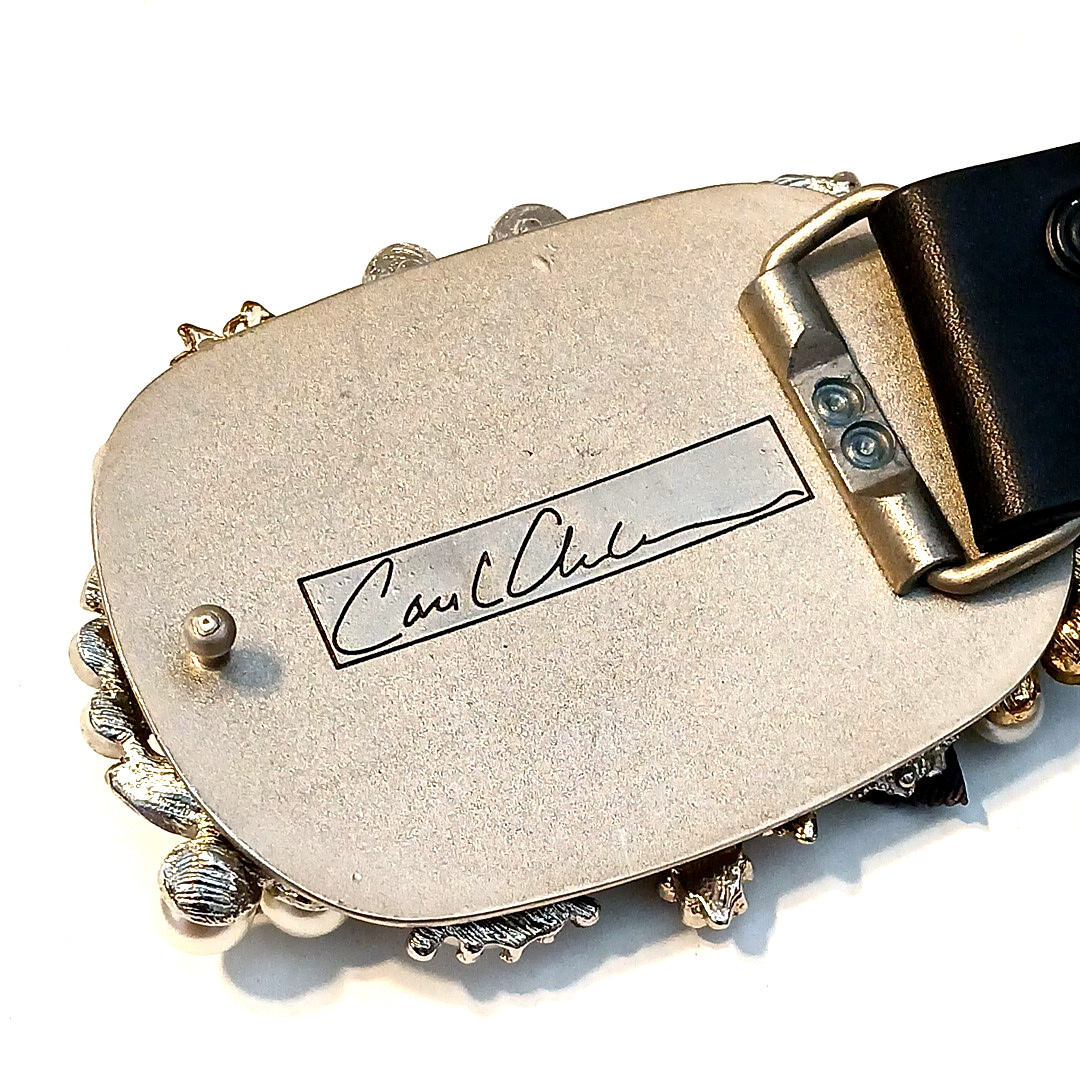 SIGNED DESIGNER CRYSTAL & FAUX PEARL BELT BUCKLE W/ BELT