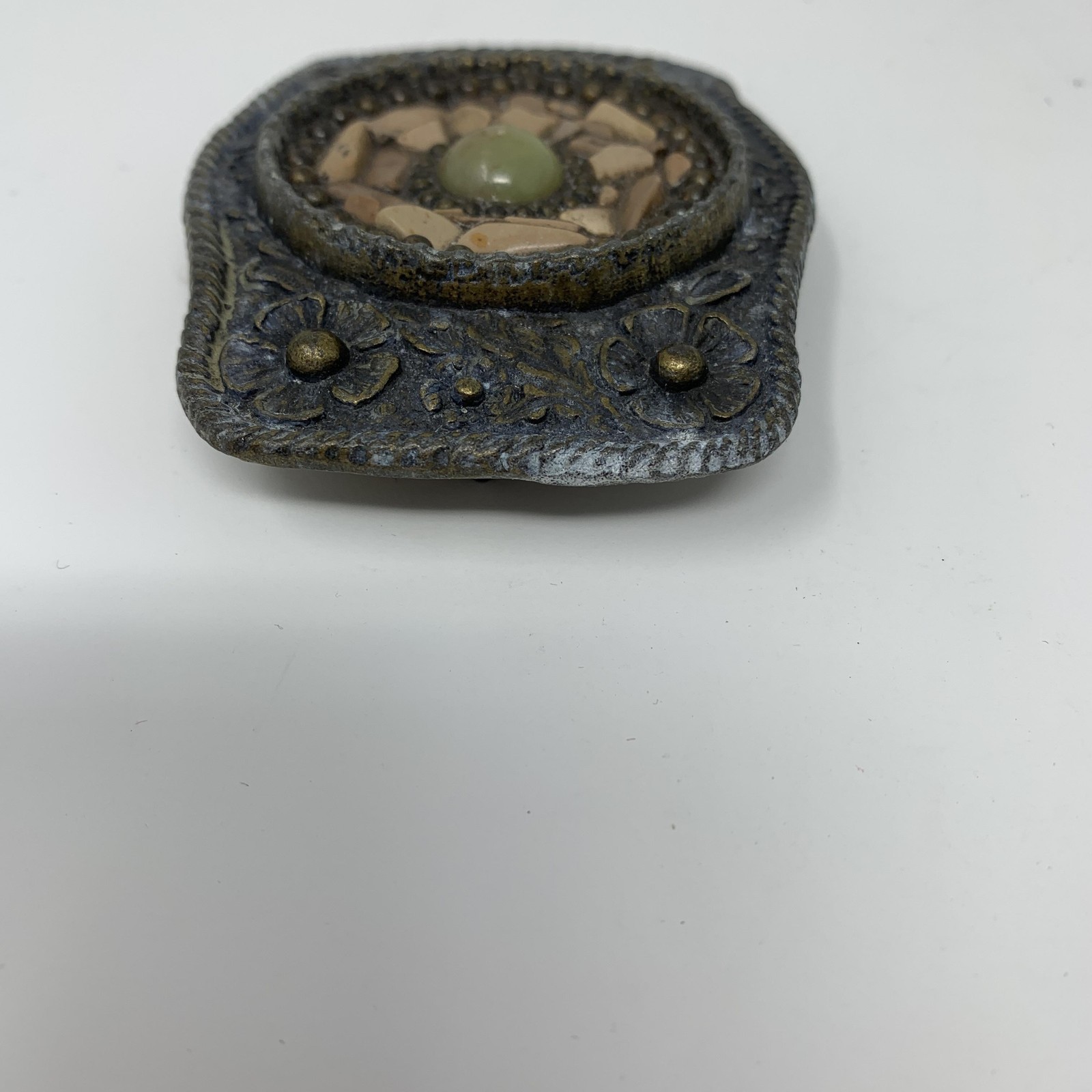 Western Belt Buckle Mens Gray Floral Metal Beaded Stone Mosaic Cowboy Rustic