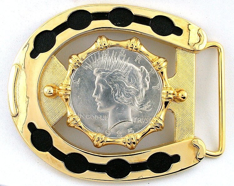 Gold Color Western Horseshoe 1925 Peace Silver Dollar Belt Buckle EPBB239