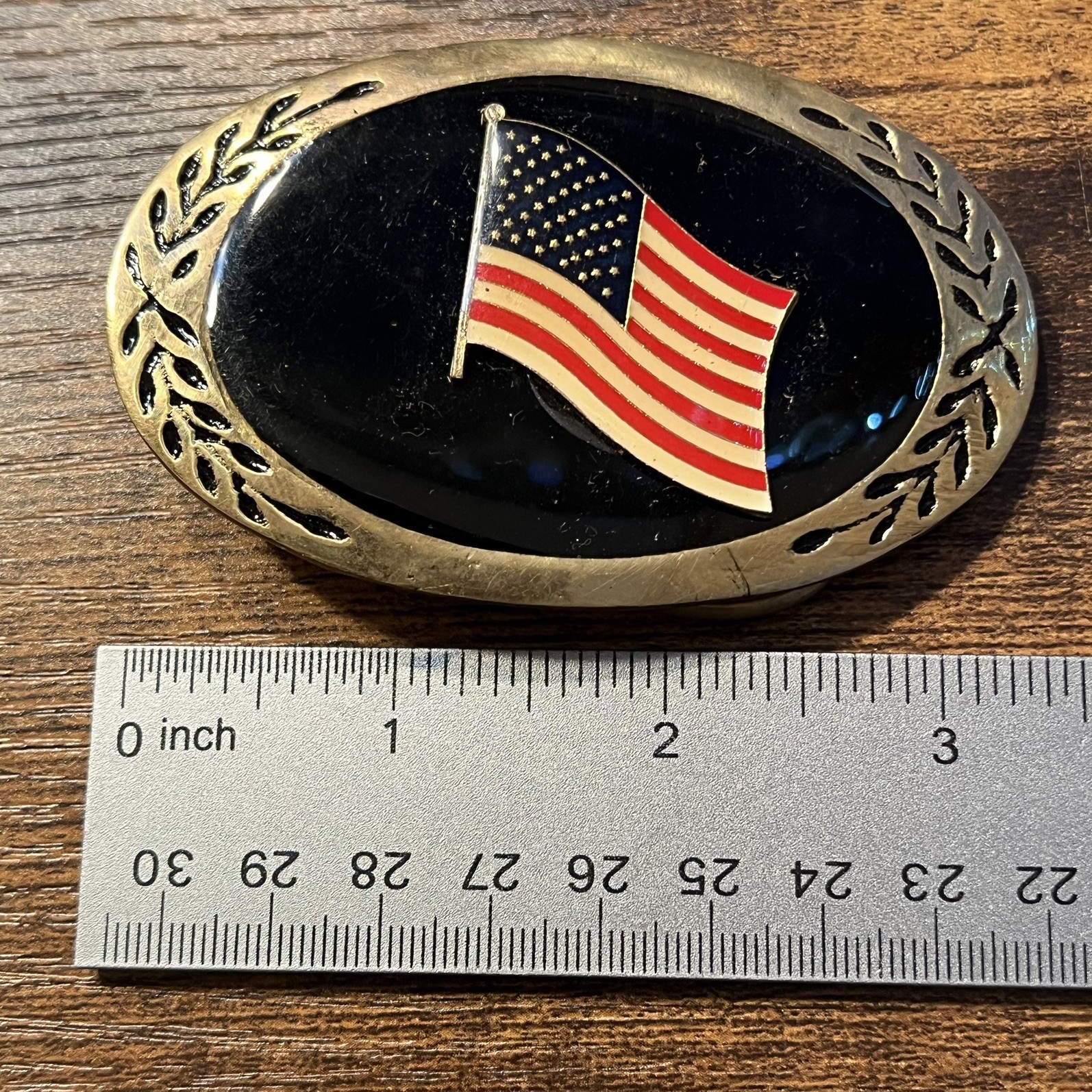 Vintage American Flag Belt Buckle Oval Brass Tone Black Enamel Patriotic USA B19