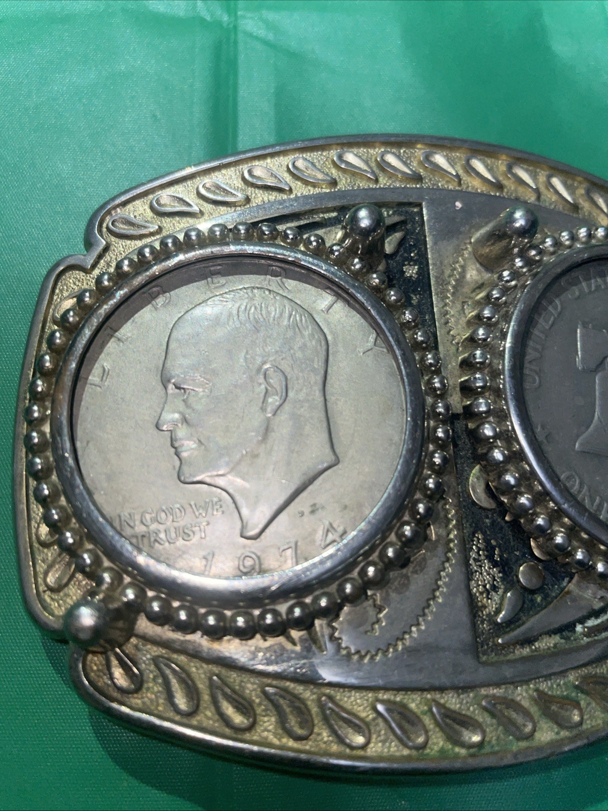 DOUBLE SILVER DOLLAR COINS BELT BUCKLE 1974