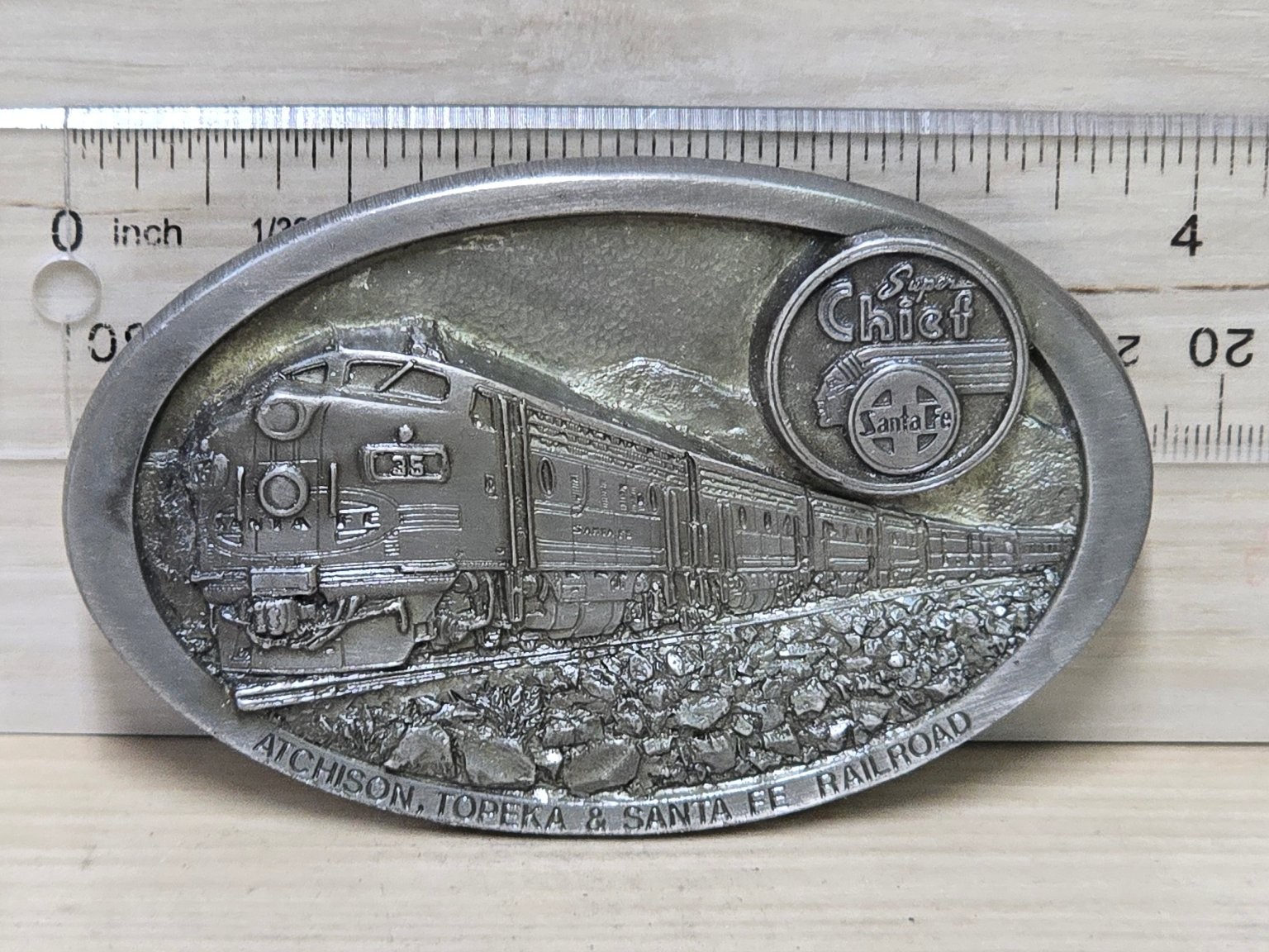 Vintage C&J INC. 1983 Belt Buckle Silver Tone 3.5&Prime; Oval Super Chief Santa Fe