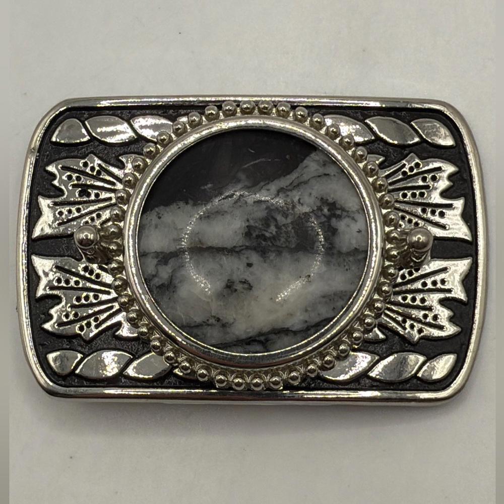Vintage Silver Tone Black Belt Buckle Marble Stone Design Western Engraved