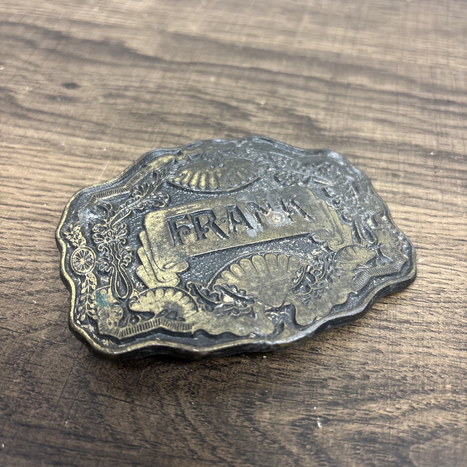 Vintage Belt Buckle « Frank » Name Brass Oden Inc. Western Cowboy 1970&rsquo;s