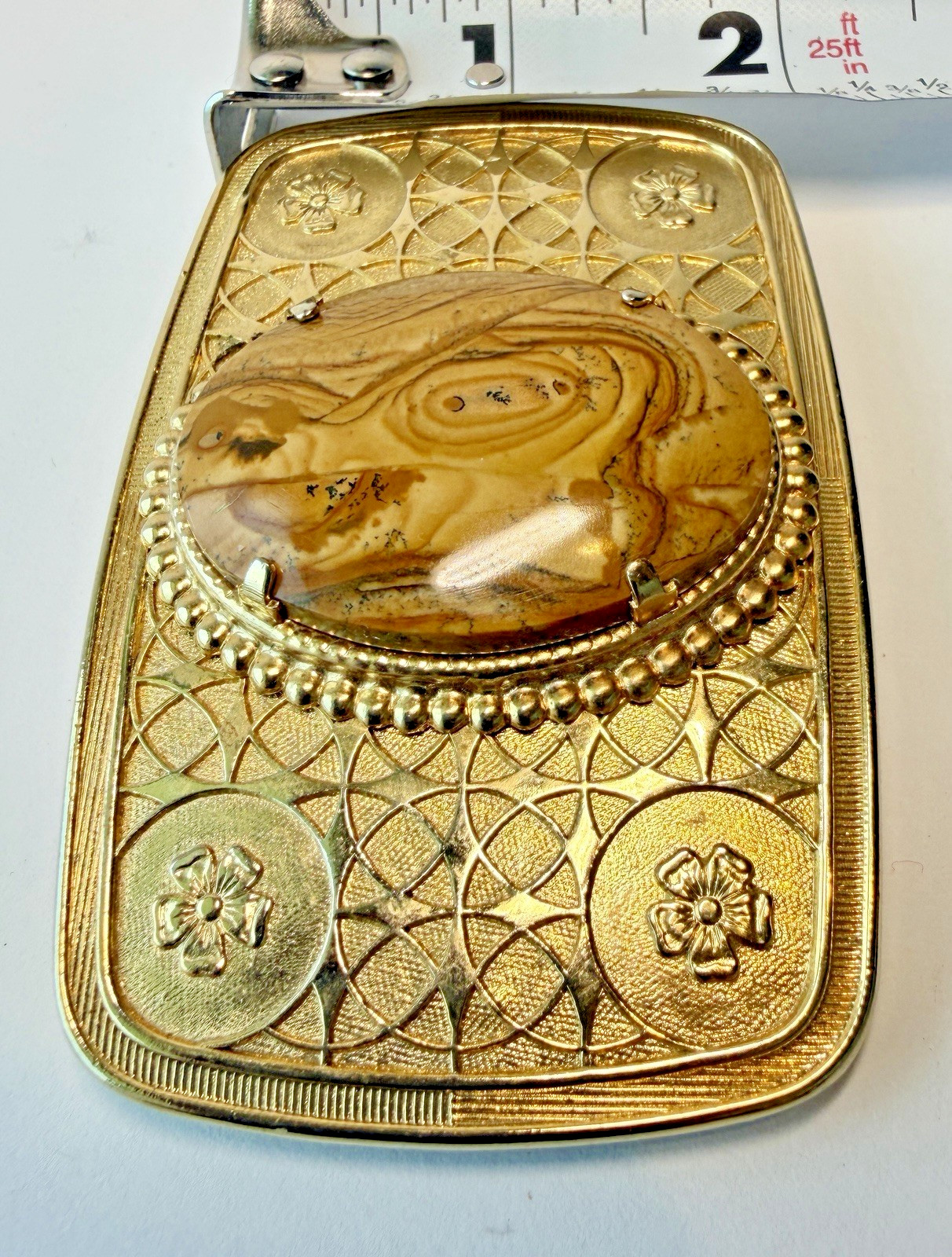 Vintage 1970 Western Belt Buckle Gold Tone Picture Jasper Cabochon Filigree Boho