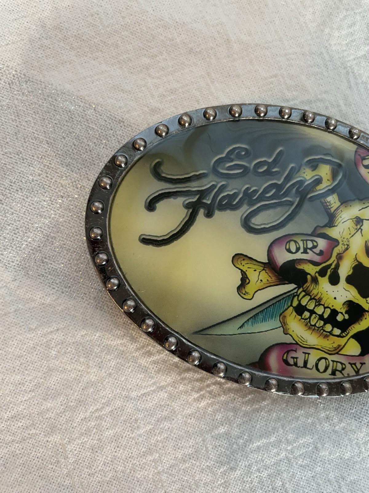 Ed Hardy Skull Belt Buckle Death Or Glory Glossy With Metal Trim
