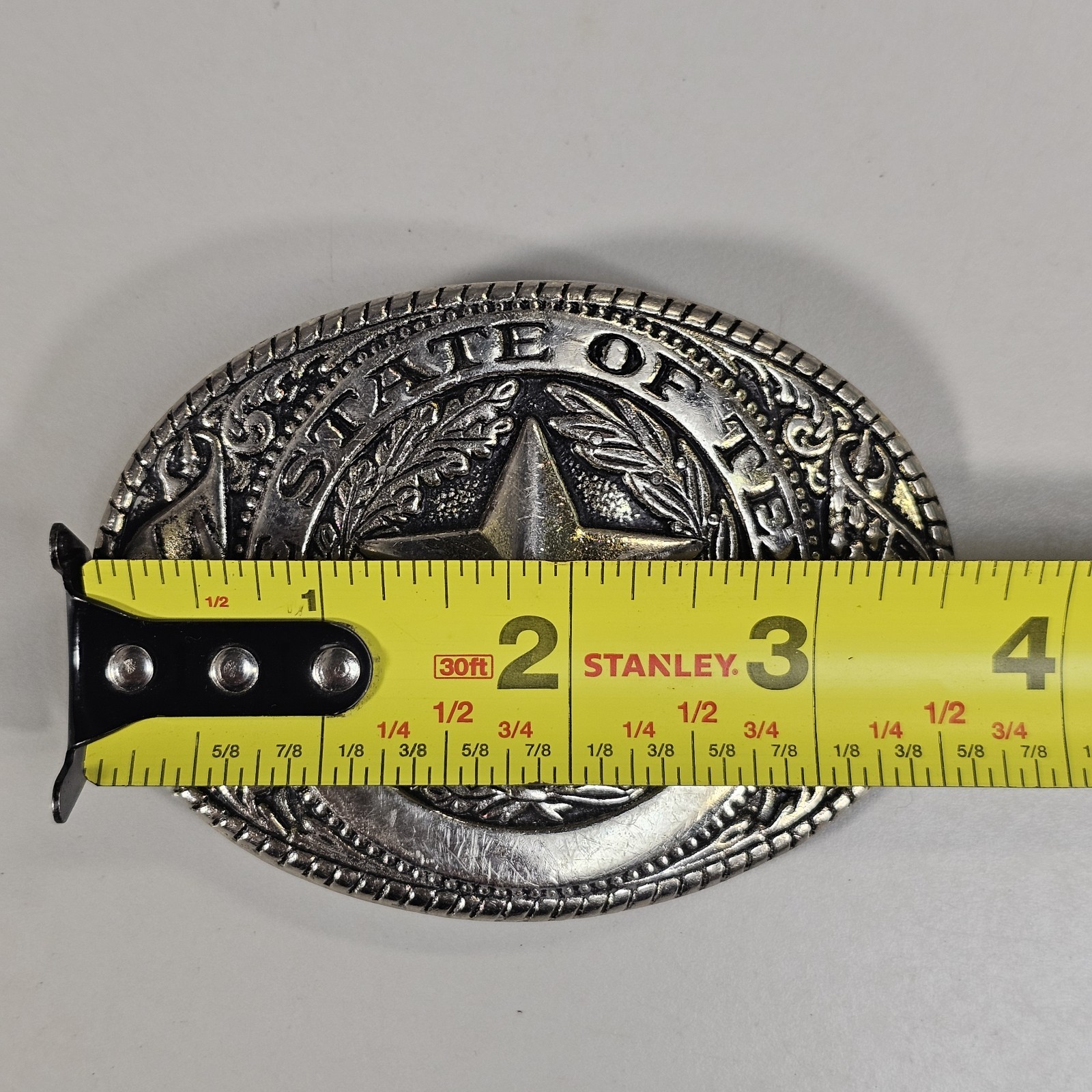 Texas State Seal Silver-Tone and Black Belt Buckle 3 3/4&Prime; x 2 3/4&Prime;