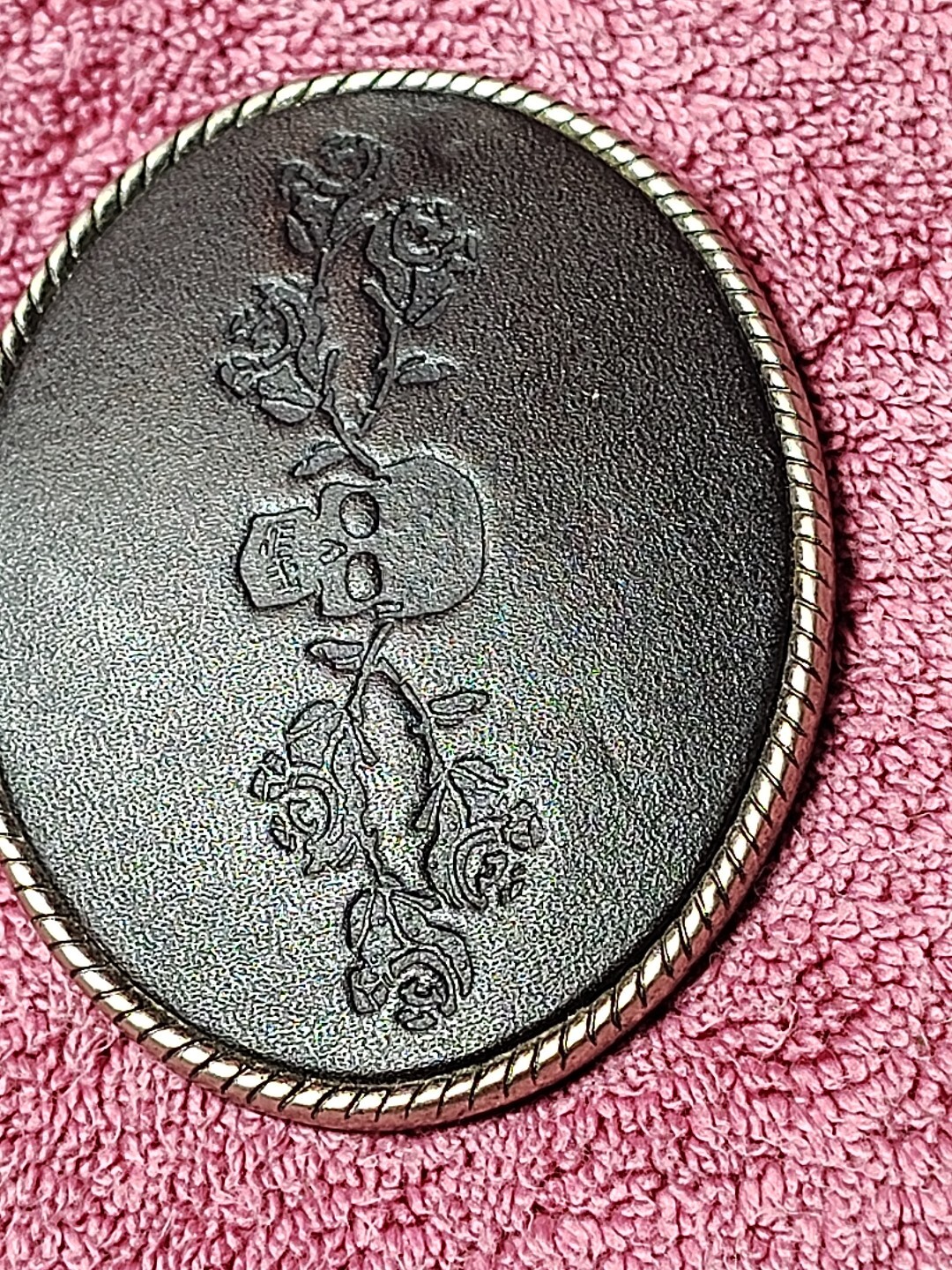 Skull With Roses & Brambles Belt Buckle on Stamped Black Leather 3.75&Prime; x 3&Prime;