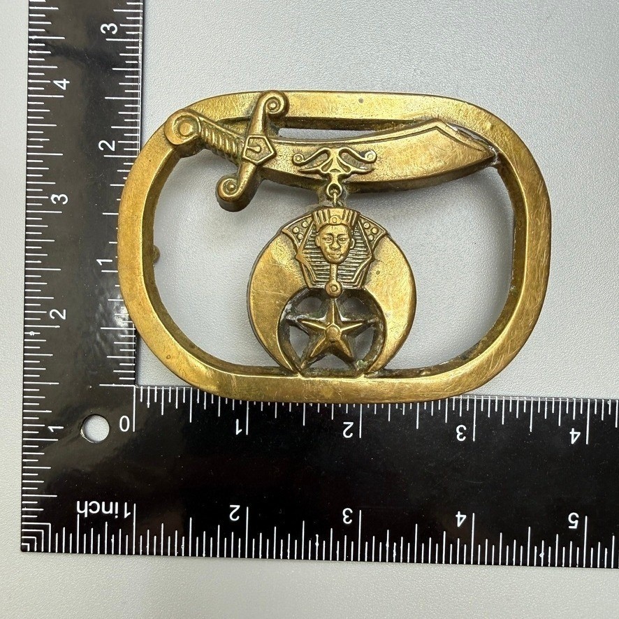 Vintage 1980 Solid Brass Shriners Belt Buckle Scimitar Crescent Sphinx Star
