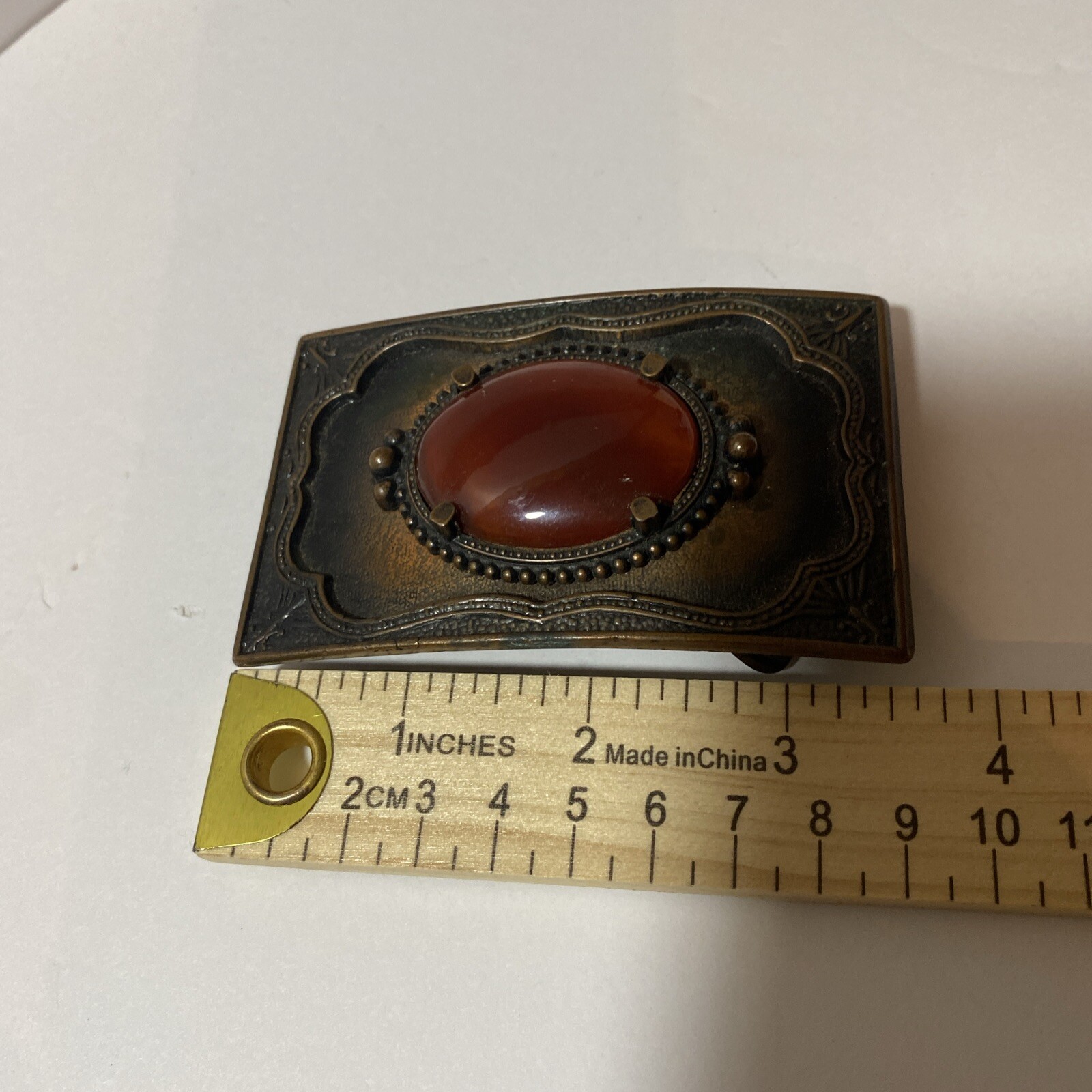 VTG Faux Gemstone Gold Stone Western Cowboy Buckle Copper Tone