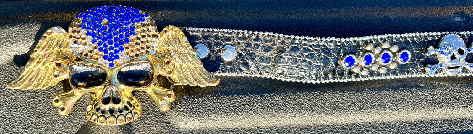 Skull covered in Clear & Blue Rhinestones Belt & Belt Buckle,Missing Some Stones