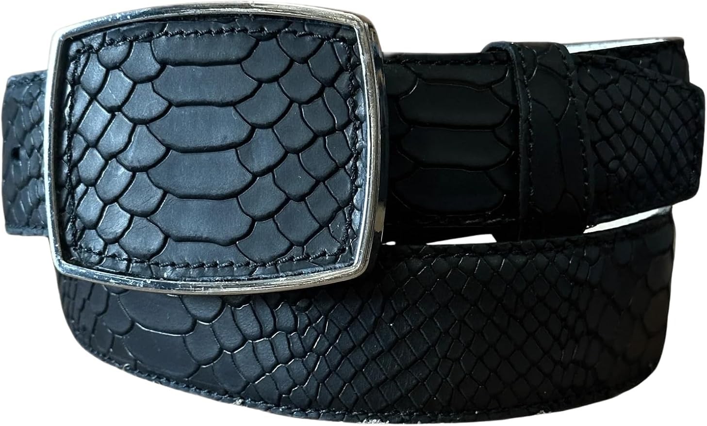 Genuine Leather Python Snakeskin Print Western Belt with Removable Buckle-Black