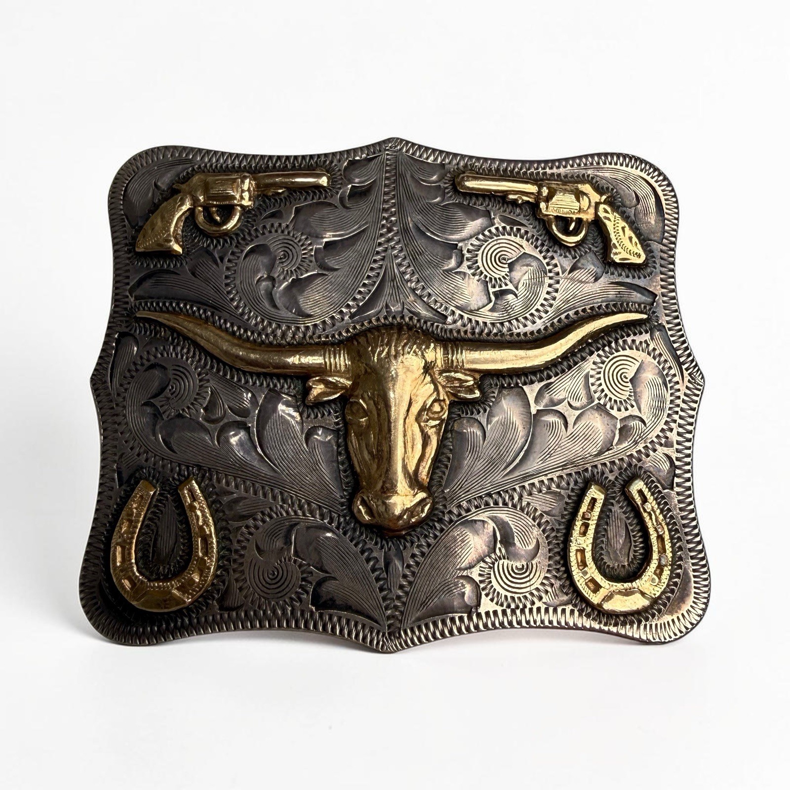 14K Gold Chet Vogt Maker Mexico Sterling Silver Longhorn Steer Belt Buckle