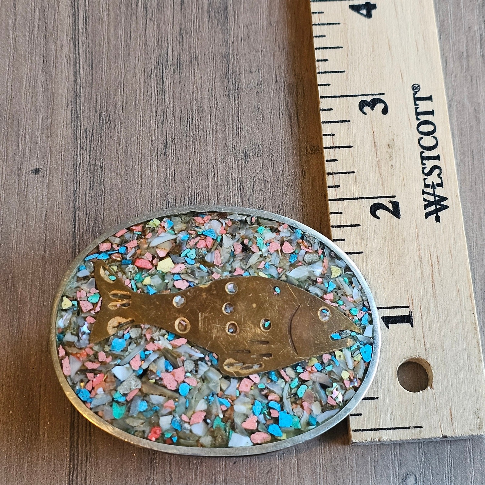 Vintage Alpaca Silver Fish Belt Buckle with Crushed Stone Inlay