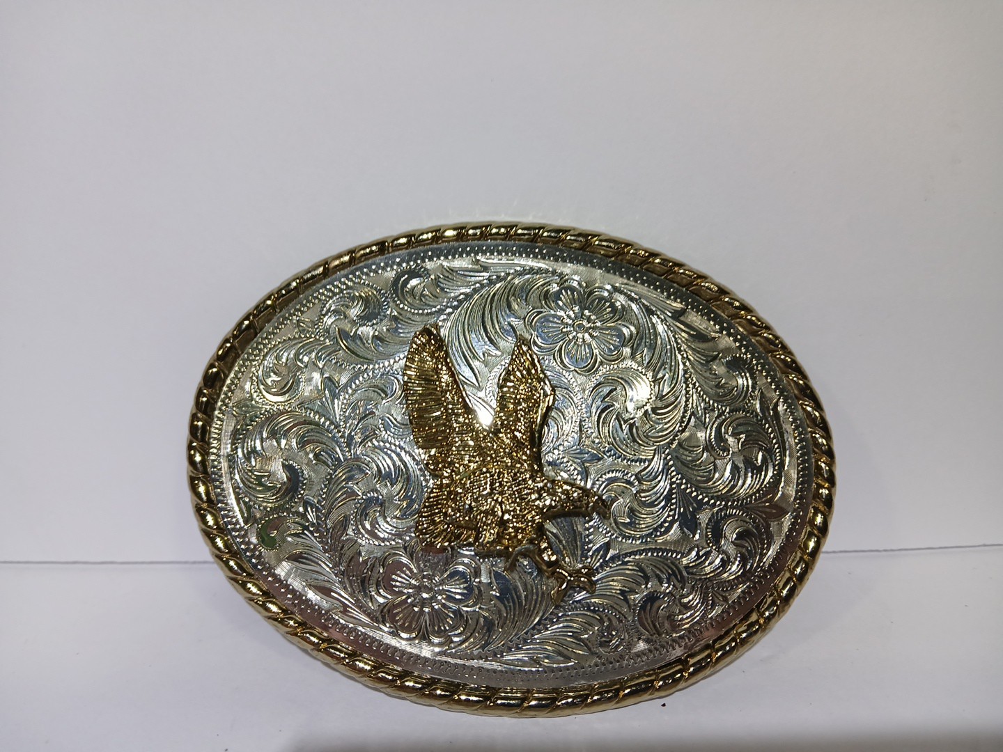 Golden Bronze Eagle On Silver Plated Western Style Belt Buckle – Made In USA