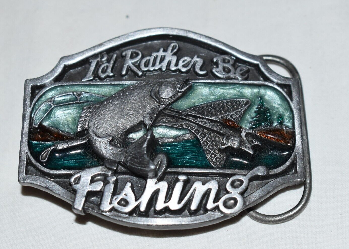 Vintage 1989 Arroya Grande  » I`d Rather Be Fishing  » Pewter 3D BELT BUCKLE USA