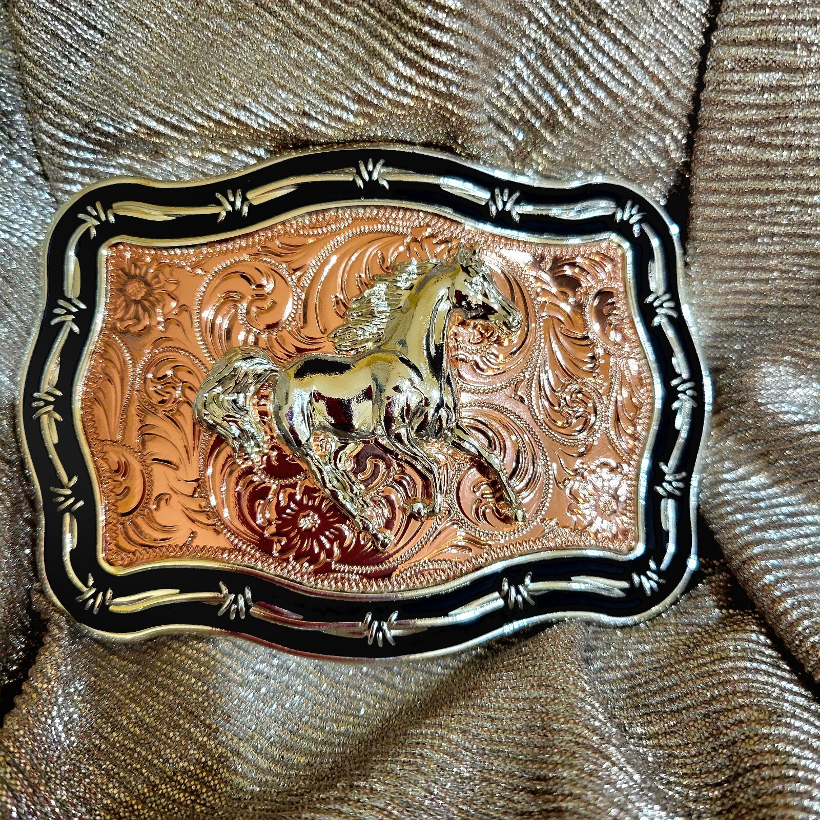 Running horse Western belt Buckle Rose Tone silver 1.5 2 » belt 4.5 x 3.5 inch