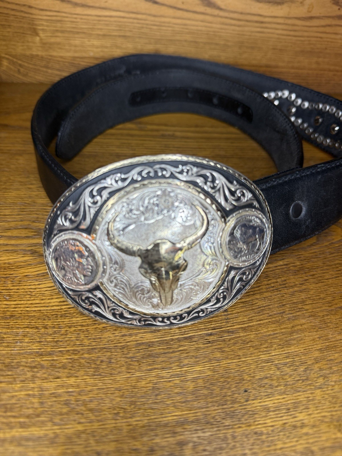 Montana Silversmiths Two-Tone Buffalo Nickel Belt Buckle with Longhorn Skull