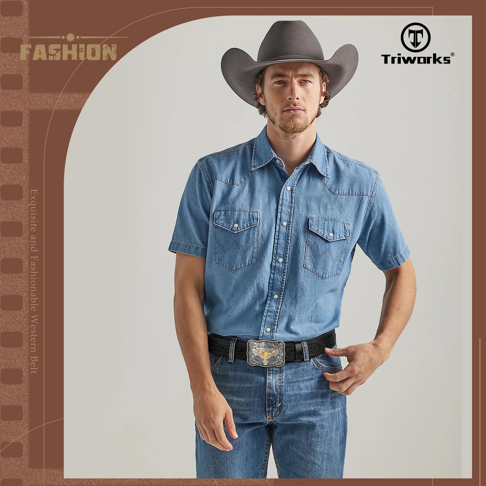 TRIWORKS Western Buckle Belts for Men, Mens Cowboy Fit Size 34&Prime;-37&Prime;, A-black